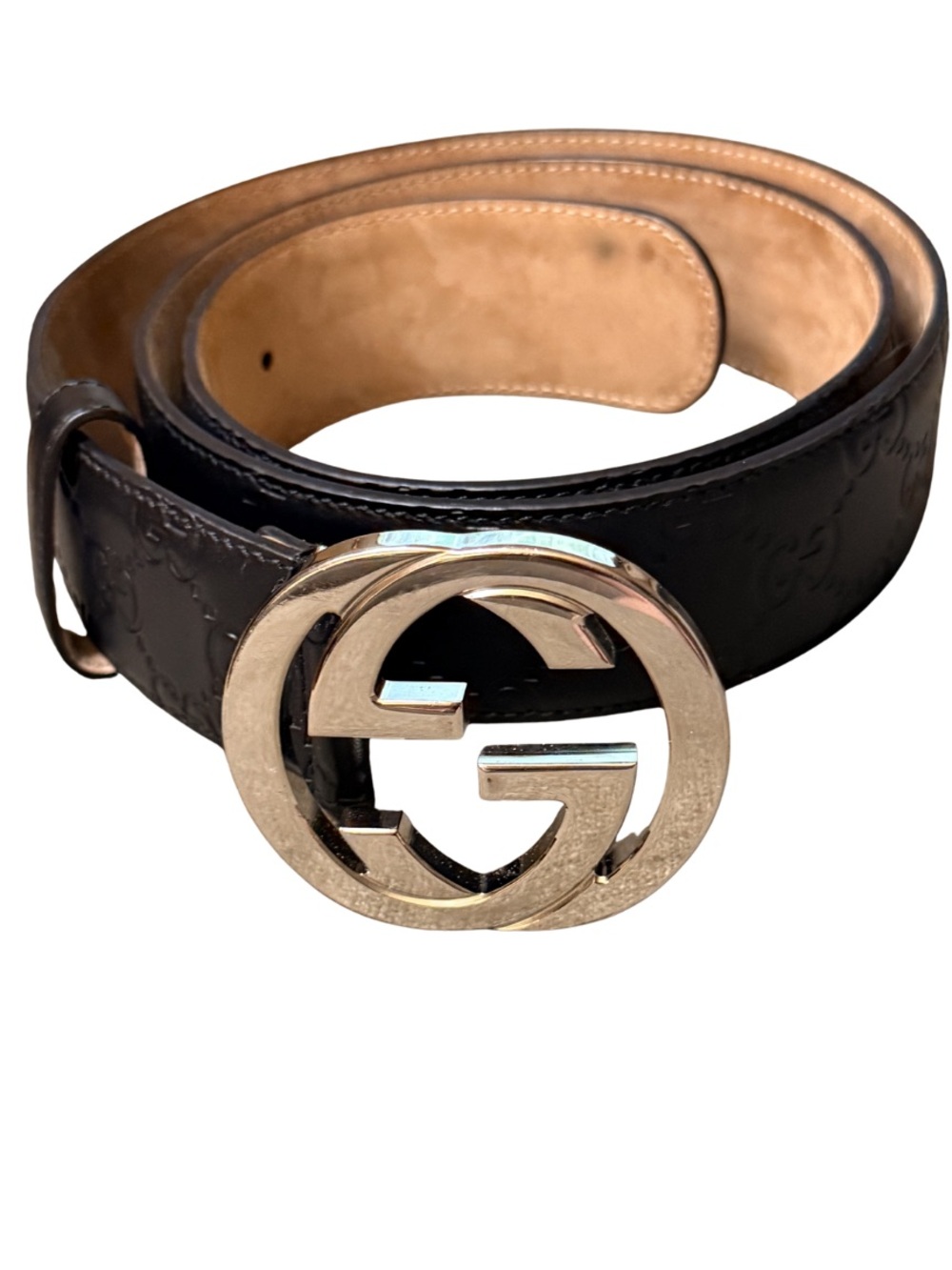 Gucci Black Leather Embossed GG Belt with Silver-Tone Logo Buckle